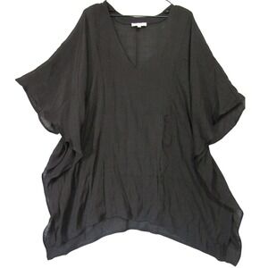 Umgee Poncho Top Womens 1XL/2XL Black Good Boho Linen Blend Sharkbite V-Neck